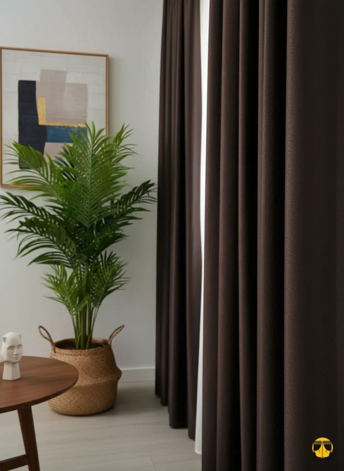 "Modern bir salonun penceresinde, tavandan yere kadar uzanan, acı kahve tonunda, inci saten dokulu, tok dökümlü şık ve parlak fon perde."