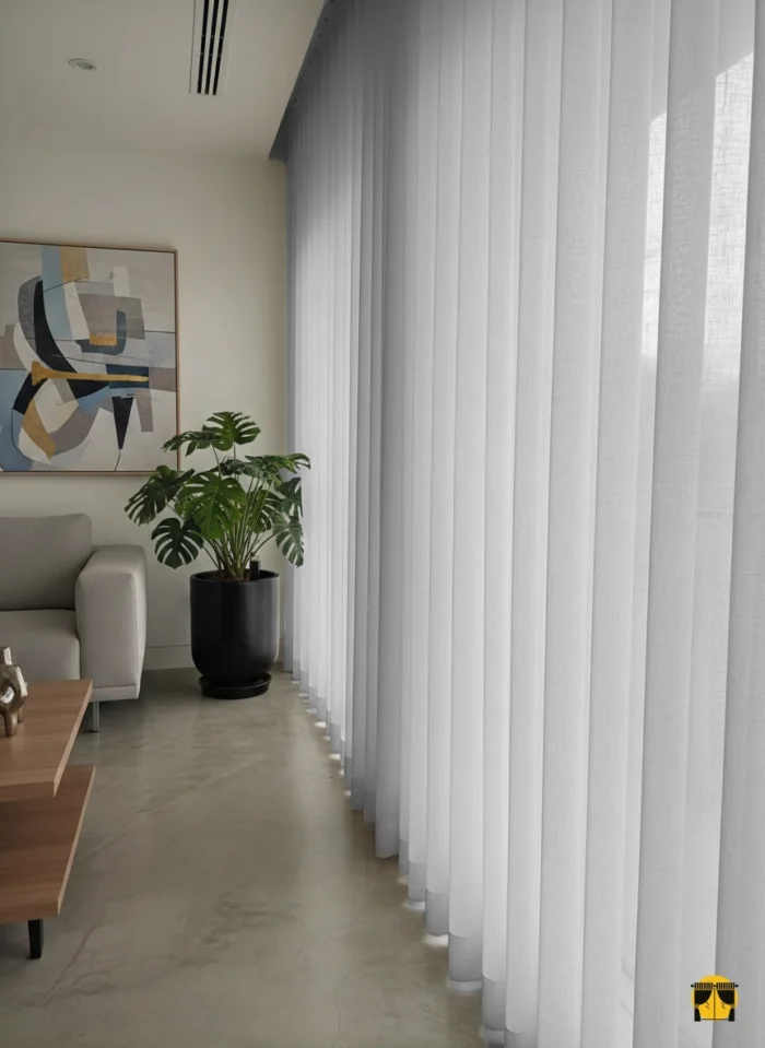 Modern bir pencere önünde, tavandan yere kadar uzanan, açık gri tonunda, düz dökümlü, ferah ve minimalist dokulu şık tül perde.