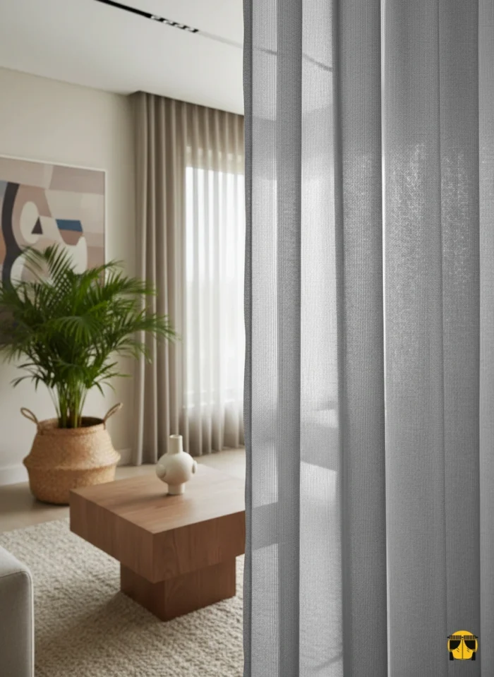 Modern bir pencere önünde, zemine kadar uzanan, açık gri tonunda, sık dokulu, tok ve düzenli pileli modern zırh tül perde.