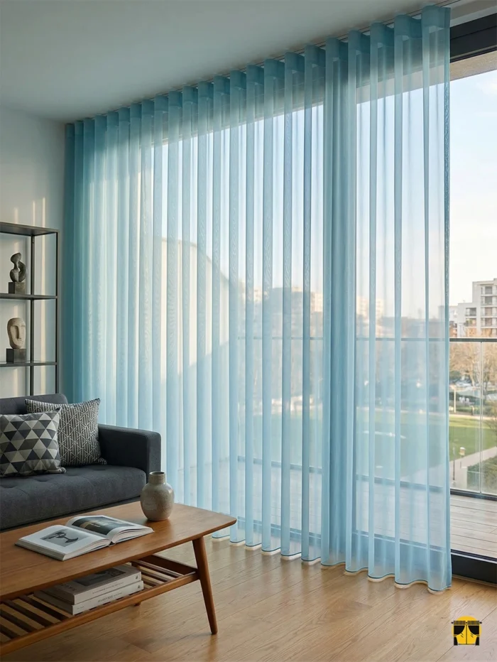 Desensiz ve pürüzsüz yüzeyiyle dikkat çeken Akdeniz mavisi tülün yakın plan çekimi; kumaşın ipeksi dökümü ve kaliteli dikey lif yapısı