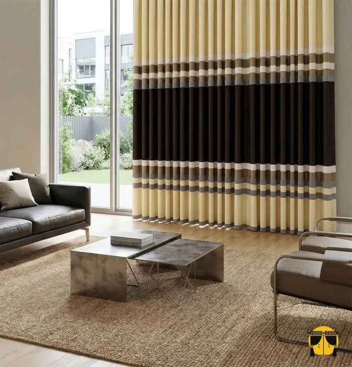 Altın nakışlı şeritlerin gün ışığı altında kristalize parıltısını ve kumaşın tok dökümünü sergileyen estetik fon perde sergisi