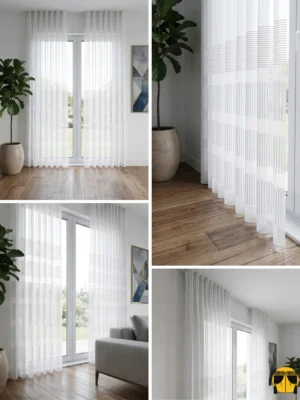 Işık ve Atmosfer: "Amesis krem şeritli tül perdenin çizgisel dokusu arasından süzülen güneş ışığının, oda içerisinde yarattığı ferah, modern ve huzurlu derinlik."