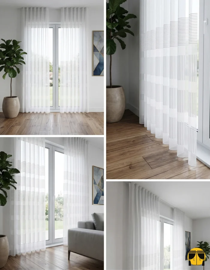 Işık ve Atmosfer: "Amesis krem şeritli tül perdenin çizgisel dokusu arasından süzülen güneş ışığının, oda içerisinde yarattığı ferah, modern ve huzurlu derinlik."