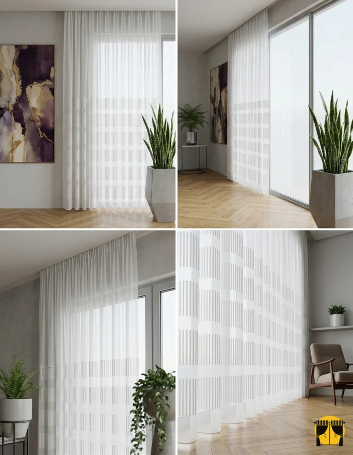 Doku Detayı: "Amesis serisinin krem tonundaki kendinden şeritli lif yapısını ve ipeksi yüzeyini sergileyen yakın plan çekimi; pencereler için kaliteli ve dökümlü tül perde karakteri."