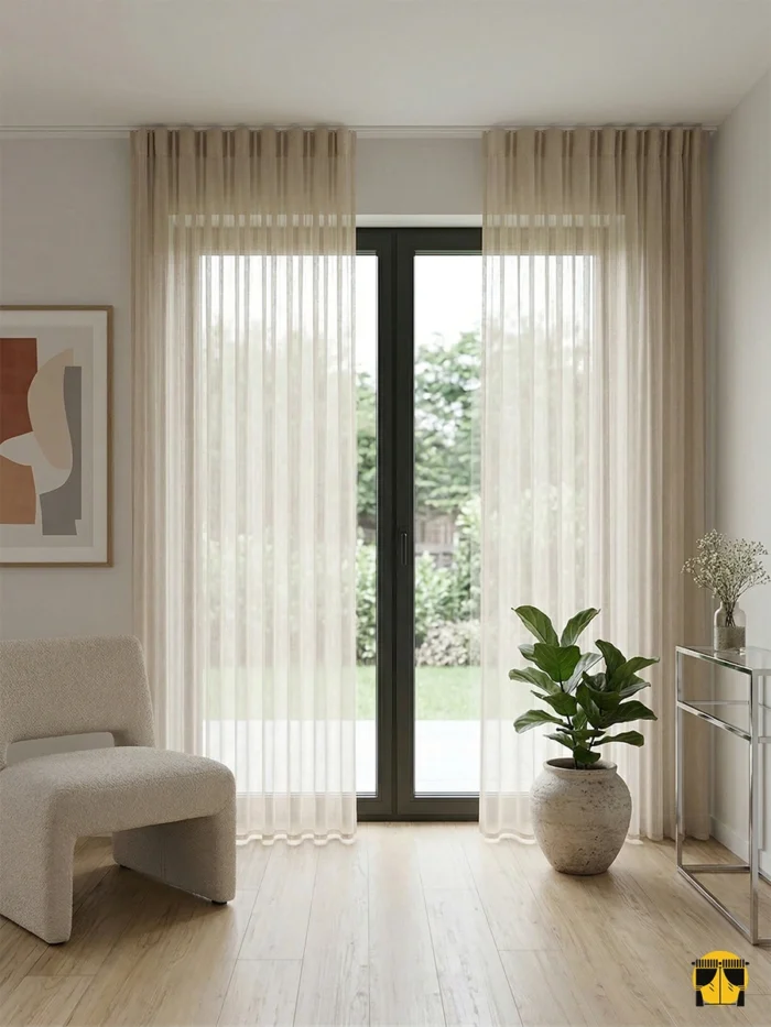 "Bej rengi düz dökümlü tül perdenin ipeksi dokusu arasından süzülen güneş ışığının, oda içerisinde yarattığı sıcak ve huzurlu aydınlık."