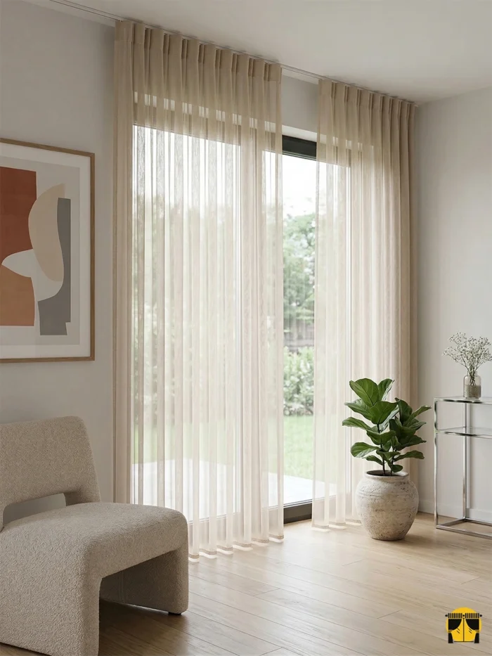 "Ahşap mobilyalar ve vizon detaylarla dekore edilmiş modern bir salonda, pencerelere sıcaklık ve zarafet katan bej düz tül perde tasarımı."