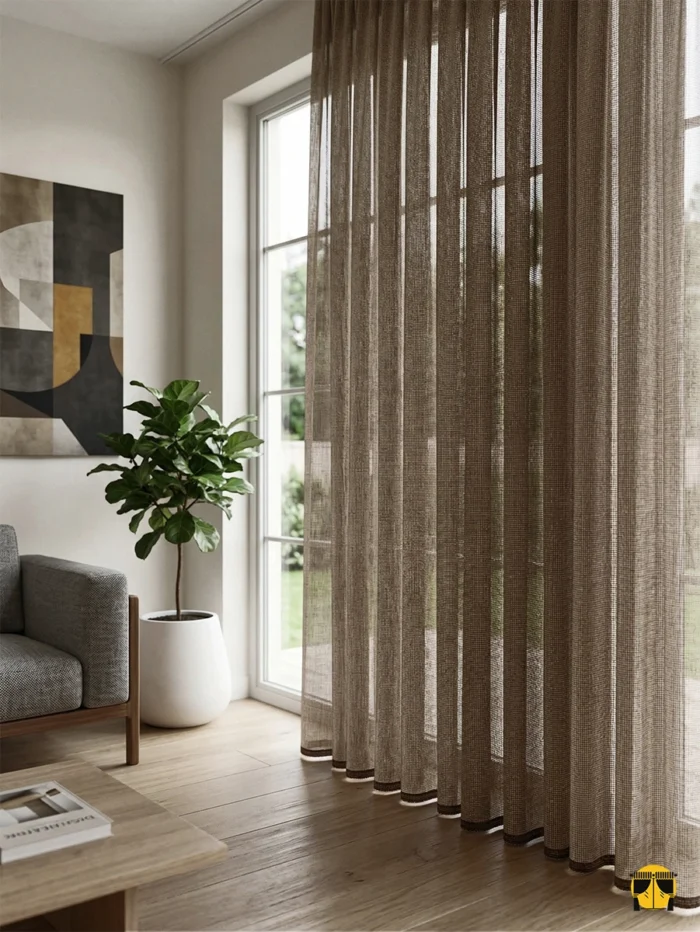 "Kahve tonundaki dikey desenli dokumayı ve kaliteli mikro lifli yüzeyi sergileyen çizgili tül perde yakın plan çekimi."