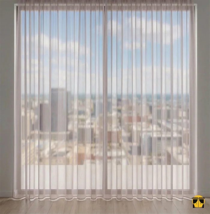 "Doner pudra pembe düz tül perdenin ipeksi dokusu arasından süzülen güneş ışığının, oda içerisinde yarattığı romantik, soft ve huzurlu aydınlık."