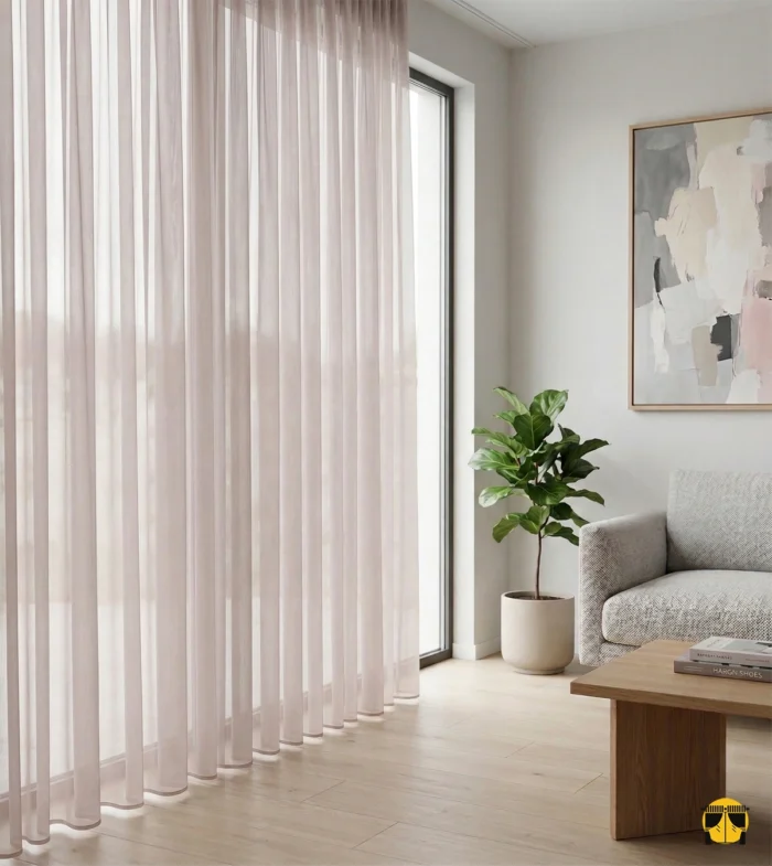 "Düz dokuma teknolojisiyle üretilmiş pudra pembe tonundaki pürüzsüz yüzeyi ve ipeksi lif yapısını sergileyen Doner serisi tül perde yakın plan çekimi."