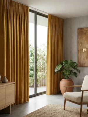 "Hardal sarı soft fon perdenin kadifemsi dokusu ve mat yüzeyinin, modern salon dekorasyonuna kattığı sıcak ve sofistike atmosfer."