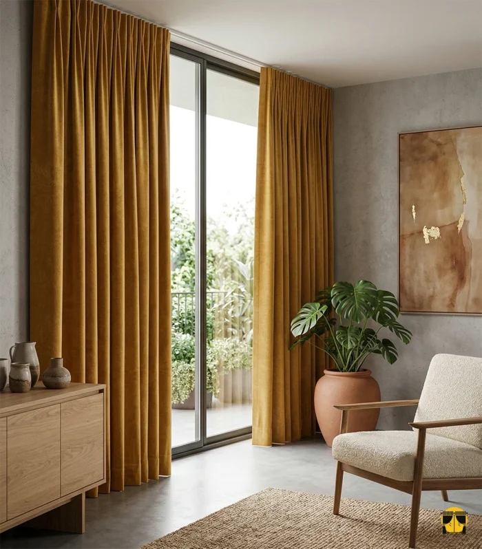 "Hardal sarı soft fon perdenin kadifemsi dokusu ve mat yüzeyinin, modern salon dekorasyonuna kattığı sıcak ve sofistike atmosfer."
