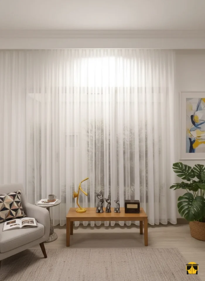Modern bir oturma odasında, tavandan yere kadar uzanan, ekru-krem tonunda, düz dökümlü, ferah, aydınlık ve zarif bir atmosfer yaratan şık tül perde.