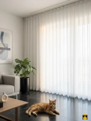 Modern bir oturma odasında, tavandan yere kadar uzanan, ekru renginde, düz, ferah, aydınlık ve zarif bir atmosfer yaratan şık tül perde.