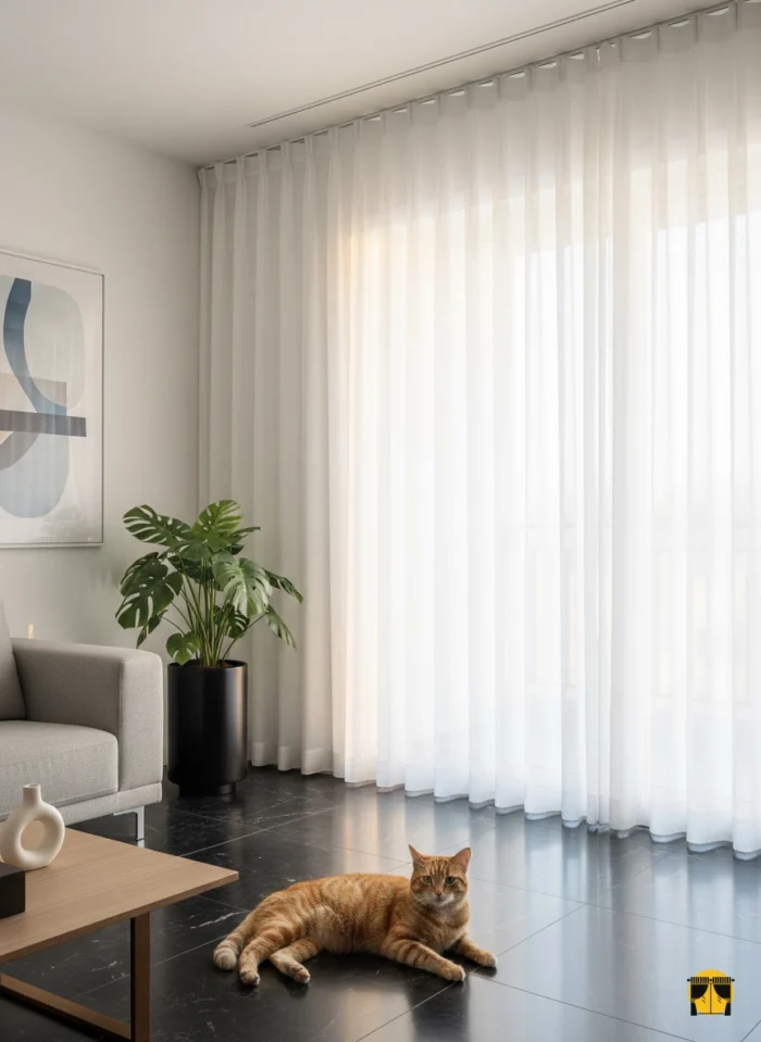 Modern bir oturma odasında, tavandan yere kadar uzanan, ekru renginde, düz, ferah, aydınlık ve zarif bir atmosfer yaratan şık tül perde.