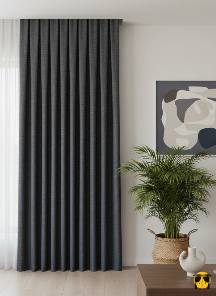 "Modern salon dekorasyonunda, tavandan yere kadar uzanan, füme rengi, düz Armida keten dokulu, tok dökümlü şık fon perde."