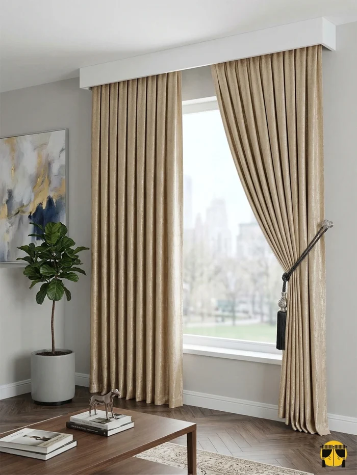 Doku Detayı: "Parlak serinin bal köpüğü tonundaki pürüzsüz dokusunu ve ışığı yansıtan ipeksi lif yapısını sergileyen yakın plan çekimi; pencereler için premium fon perde karakteri."