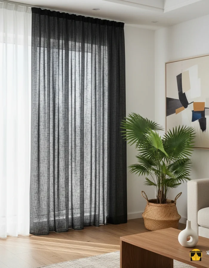 Modern bir pencere önünde, tavandan yere kadar uzanan, siyah şantuk dokulu, keten yapılı, düz dökümlü ve şık tül perde.