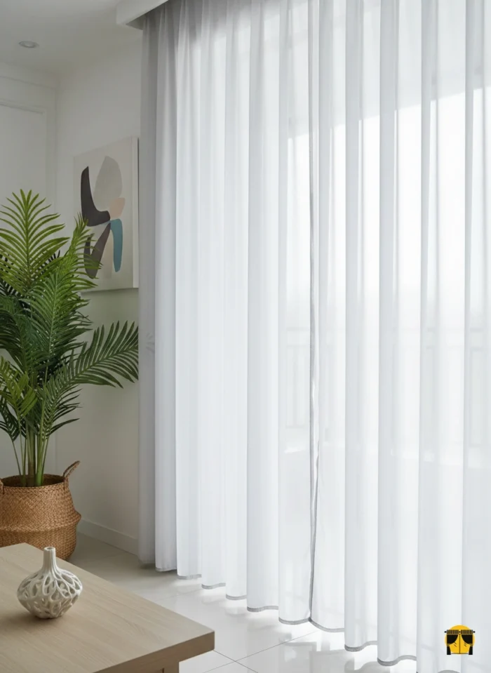 Modern bir salonun penceresinde, tavandan yere kadar uzanan, acı kahve tonunda, inci saten dokulu, tok dökümlü şık ve parlak fon perde.