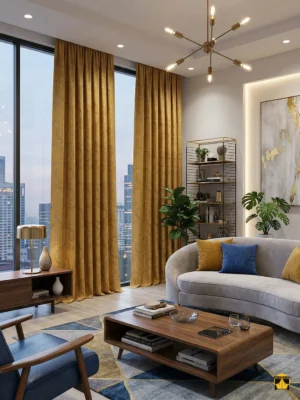 Sarı renkli desenli fon perde modelleri