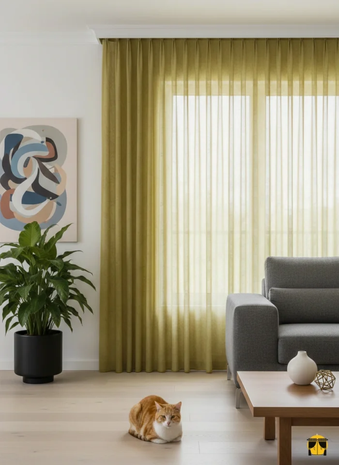 Modern bir oturma odası penceresinde, tavandan yere kadar uzanan, canlı hardal sarısı tonunda, düz dökümlü, ferah ve enerji veren şık tül perde