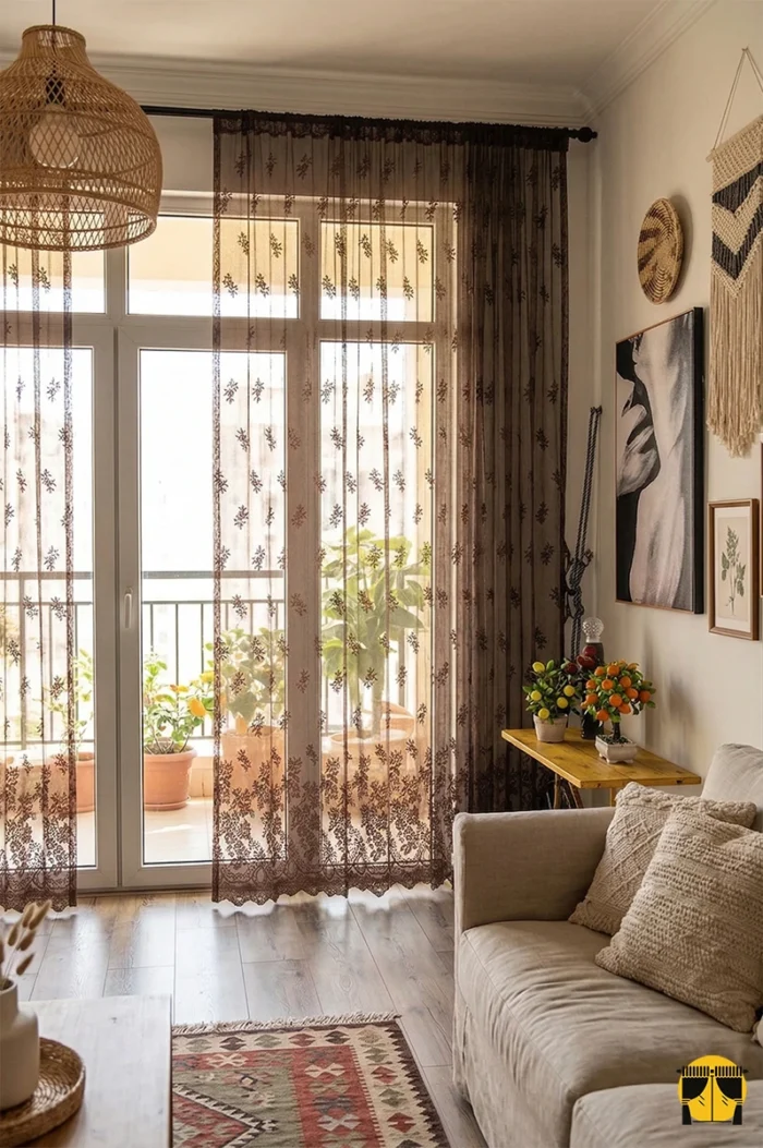 "Modern rustik dekorasyon anlayışına uygun, ışığı yumuşatan ve mekana sıcaklık katan kaliteli kahverengi desenli perde."