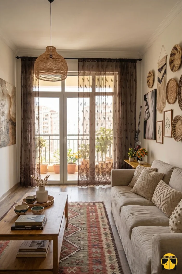 "Şeffaf zemin üzerine işlenmiş kahverengi dikey çiçek yollarıyla tavanı yüksek gösteren, mimari derinliğe sahip örme tül dokusu."