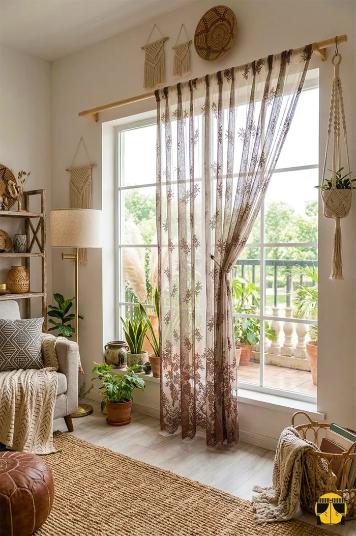 "Geleneksel örme sanatını modern toprak tonlarıyla birleştiren, ütü gerektirmeyen ve dökümlü yapısıyla dikkat çeken kahverengi tül perde."