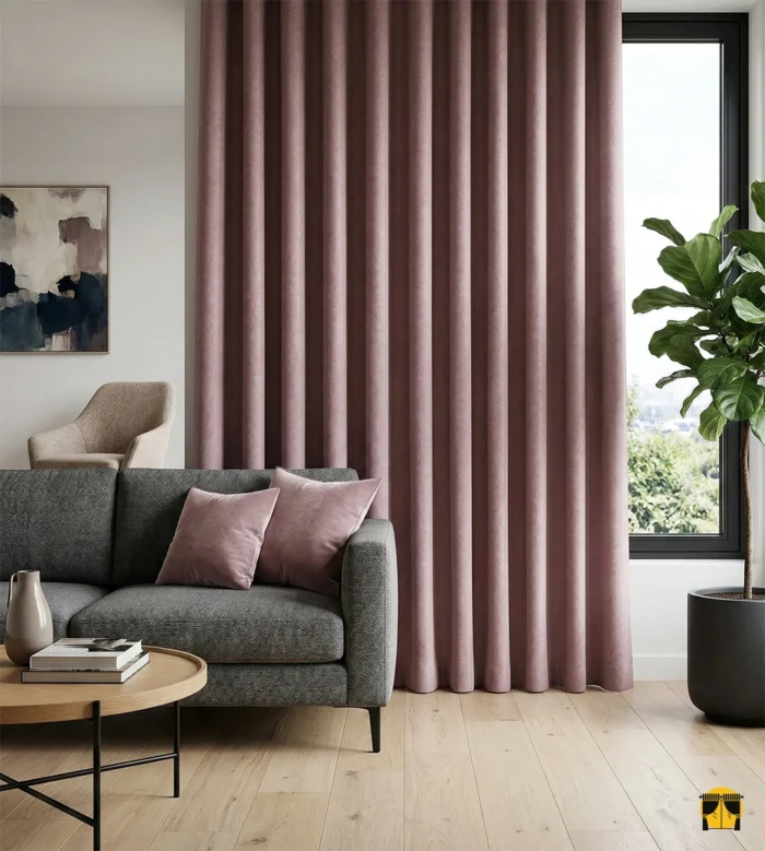 şığın açısına göre morun derinliği ile gül kurusunun zarafeti arasında geçiş yapan, katyonik teknolojisiyle dokunmuş çift tonlu modern fon perde kumaşı