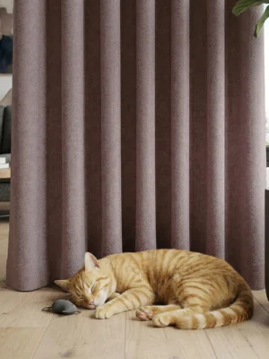 Vizon ve gri tonlardaki bir salonda, pencerelere dramatik bir asalet ve sıcak bir romantizm katan, tok dökümlü gül kurusu mor katyonik perde sergisi