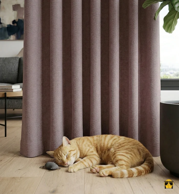 Vizon ve gri tonlardaki bir salonda, pencerelere dramatik bir asalet ve sıcak bir romantizm katan, tok dökümlü gül kurusu mor katyonik perde sergisi