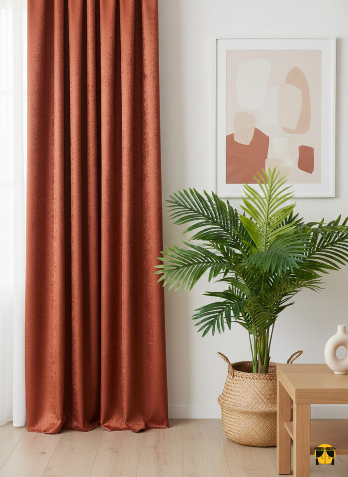 "Pencere önünde, zemine kadar uzanan, kiremit kırmızısı tonlarında, düz dökümlü ve hafif parlak saten dokulu şık bir fon perde."