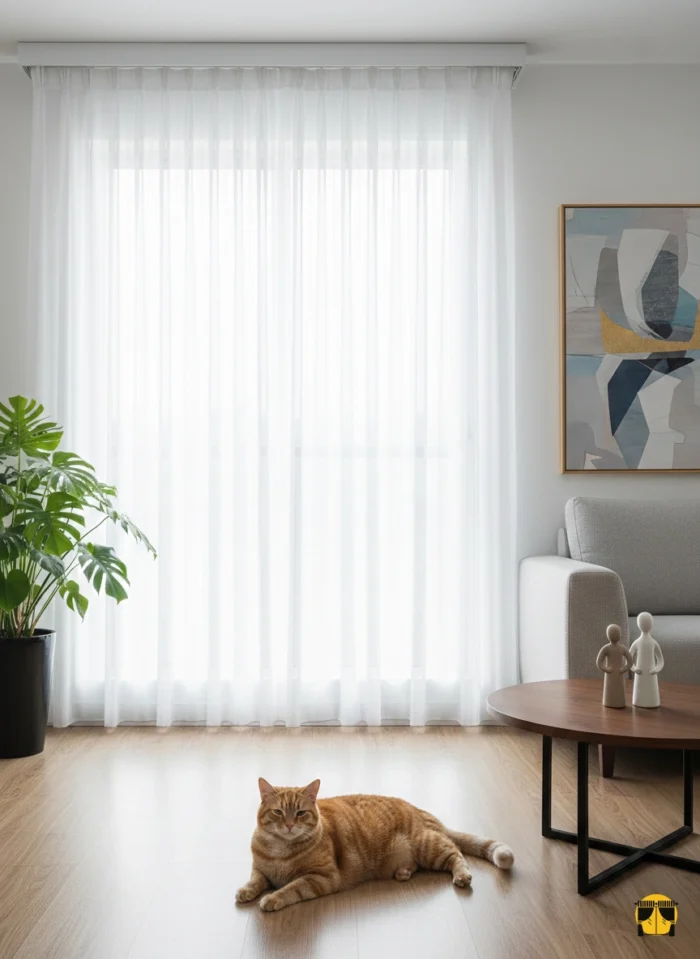 Modern bir yaşam alanında, tavandan yere kadar uzanan, ekru renginde, düz dökümlü, ferah, aydınlık ve zarif bir atmosfer yaratan şık tül perde