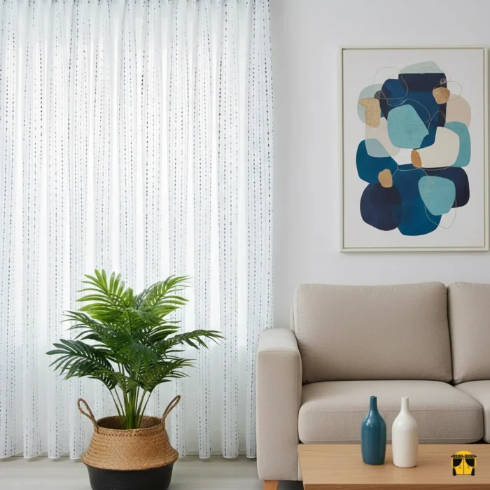 Pencere önünde, kırık beyaz zemin üzerine ince dikey mavi çizgili, üzerinde minik kadife ponpon detayları bulunan, ferah ve modern şık tül perde.