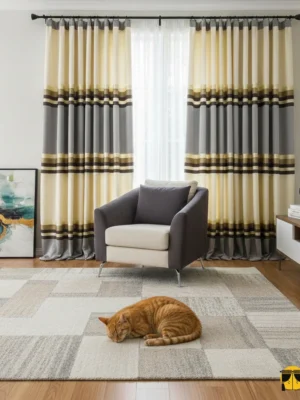 Altin Şerit Desenli Fon Perde – Altın- Krem- Gri