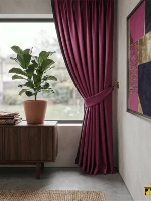 "Pürüzsüz saten dokuma teknolojisiyle üretilmiş fuşya mor tonundaki fon perde kumaşını ve pileler arasındaki ışık yansımalarını sergileyen yakın plan çekimi."