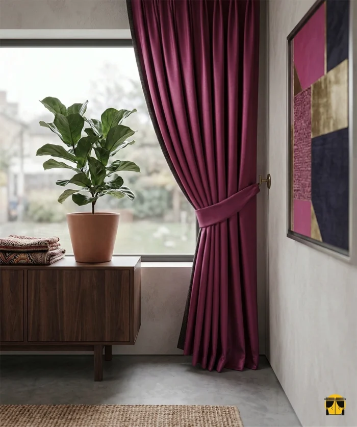 "Pürüzsüz saten dokuma teknolojisiyle üretilmiş fuşya mor tonundaki fon perde kumaşını ve pileler arasındaki ışık yansımalarını sergileyen yakın plan çekimi."