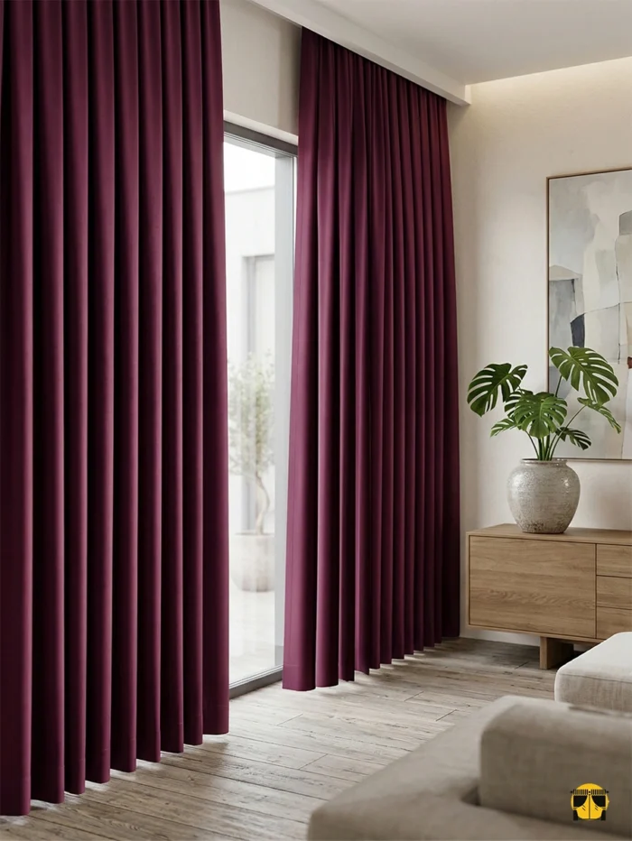 "Safir saten fuşya mor fon perdenin ipeksi parlaklığı ve canlı mor tonunun, modern salon dekorasyonuna kattığı asil ve lüks atmosfer."