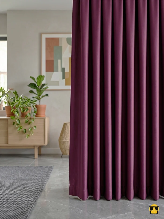 "Gri mobilyalar ve gold aksesuarlarla dekore edilmiş lüks bir salonda, pencereleri bir mücevher gibi çerçeveleyen fuşya mor saten fon perde tasarımı."