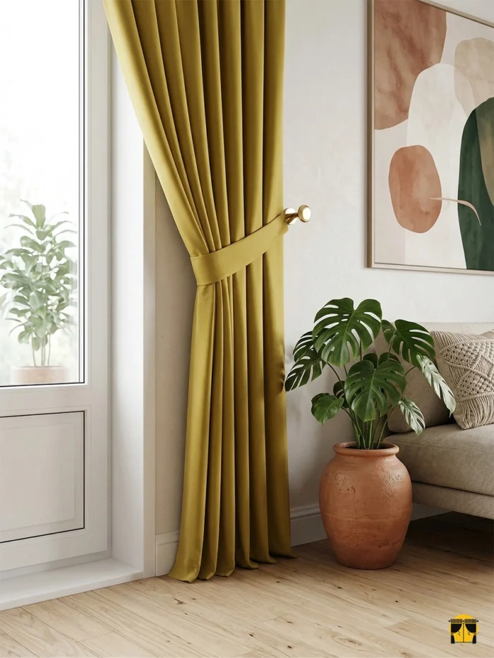 "Pürüzsüz saten dokuma teknolojisiyle üretilmiş oksit sarı tonundaki fon perde kumaşını ve pileler arasındaki ışık oyunlarını sergileyen yakın plan çekimi."