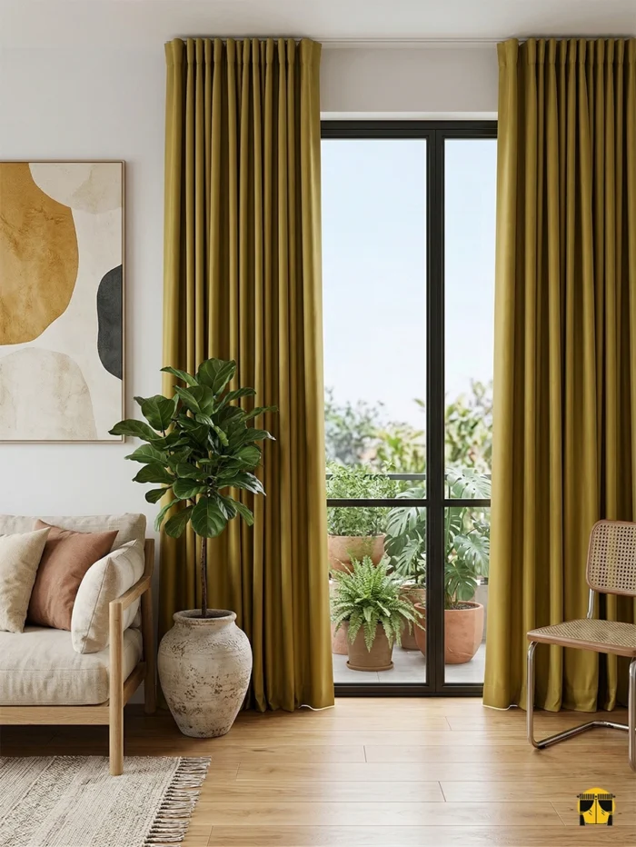 "Ekru tüllerle kombinlenmiş, ağır dökümü sayesinde mimari bir sütun gibi kusursuz inen oksit sarı safir saten fon perde sergisi."