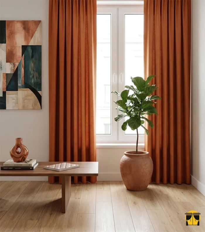 Doku Detayı: "Safir serisinin turuncu tonundaki pürüzsüz saten dokusunu ve ışığı yansıtan kaliteli lif yapısını sergileyen yakın plan çekimi; modern pencereler için parlak fon perde karakteri."