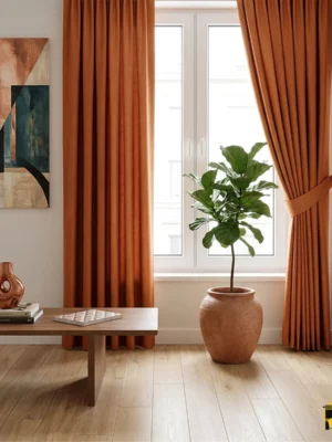 Işık ve Enerji: "Turuncu Safir saten fon perdenin ipeksi yüzeyinden yansıyan ışığın, oda içerisinde yarattığı enerjik, sıcak ve amber tonlarındaki huzurlu aydınlık."