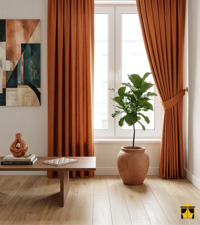 Işık ve Enerji: "Turuncu Safir saten fon perdenin ipeksi yüzeyinden yansıyan ışığın, oda içerisinde yarattığı enerjik, sıcak ve amber tonlarındaki huzurlu aydınlık."