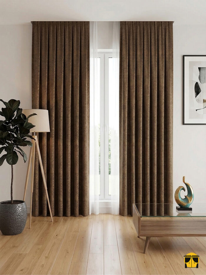 Sarnıç Çiçek Desenli Dökümlü Jakar Fon Perde – Koyu Kahve - Kabartma Desenli