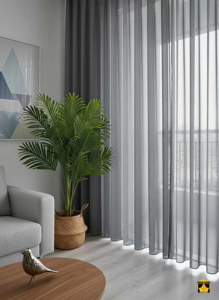 Modern bir salon penceresinde, tavandan yere kadar uzanan, açık gri tonunda, hafif ışıltılı (Shine) dokulu, tok ve düzenli pileli şık tül perde.