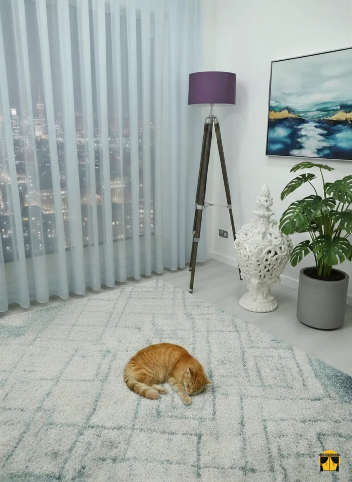 Modern bir oturma odası penceresinde, tavandan yere kadar uzanan, soft açık mavi tonunda, düz dökümlü, ferah ve dingin bir atmosfer yaratan şık tül perde