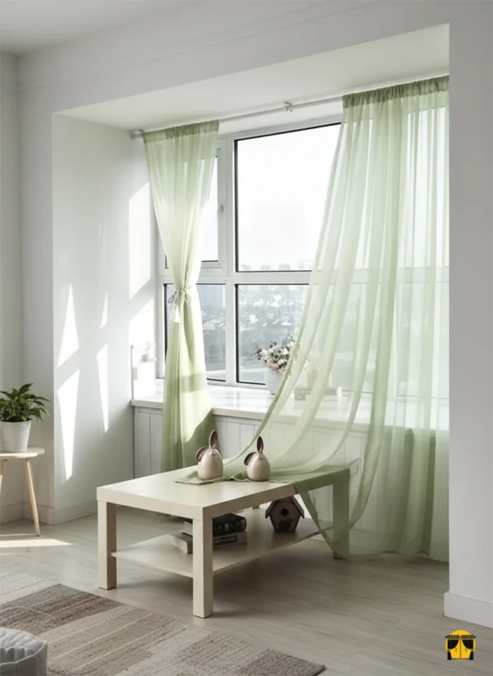 Modern bir oturma odasında, tavandan yere kadar uzanan, canlı ve huzurlu yeşil tonunda, düz dökümlü, ferahlatıcı bir atmosfer yaratan şık tül perde.