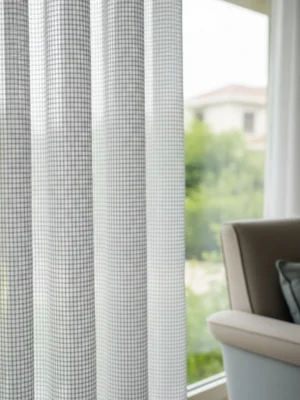 Ekose desenli tül perde, beyaz gri