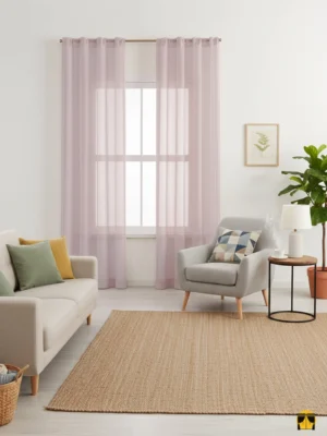 Modern bir yaşam alanında, tavandan yere kadar uzanan, soft açık gül kurusu tonunda, düz dökümlü, ferah ve huzurlu bir atmosfer yaratan şık tül perde