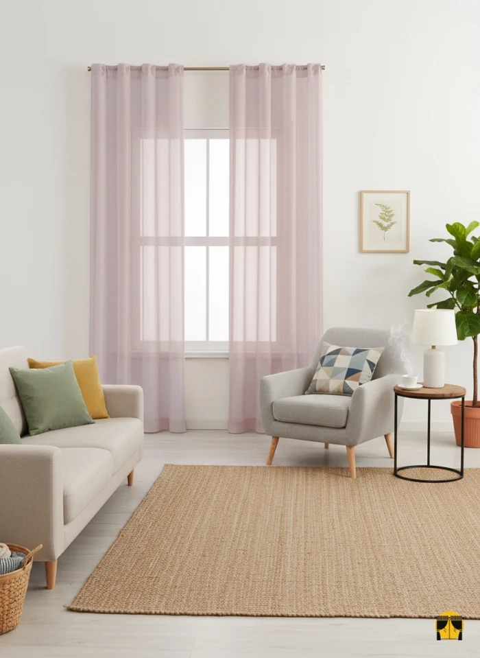 Modern bir yaşam alanında, tavandan yere kadar uzanan, soft açık gül kurusu tonunda, düz dökümlü, ferah ve huzurlu bir atmosfer yaratan şık tül perde